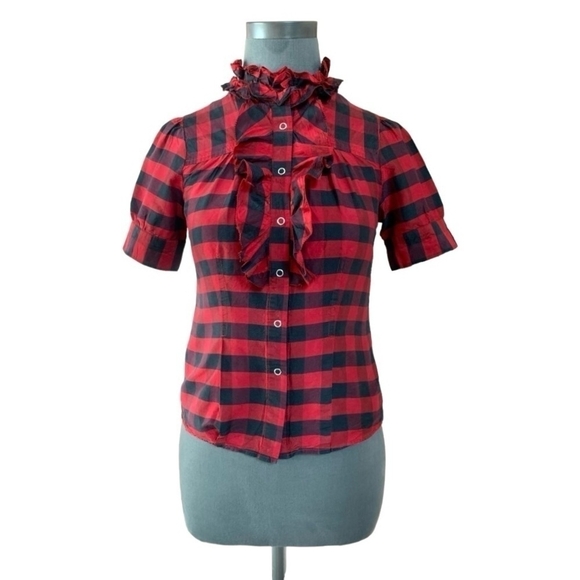 Women Top TWENTY ONE Red Black Buffalo Plaid Ruffle Blouse Button Up Silk Shirt - Picture 2 of 6